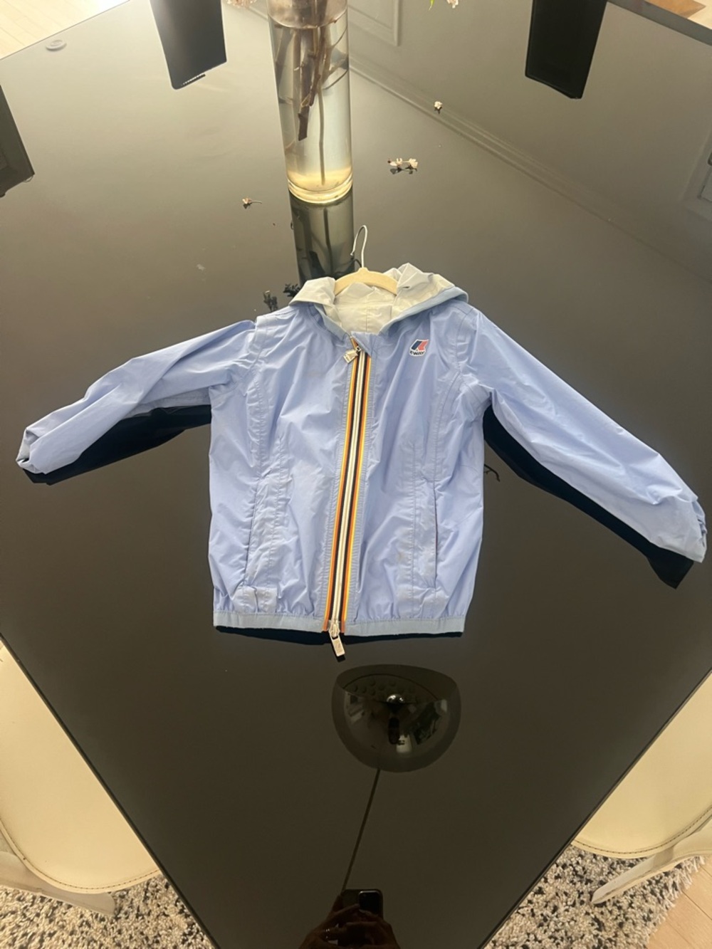 K-Way Light Blue Hooded Rain Jacket with Tricolor Zip
